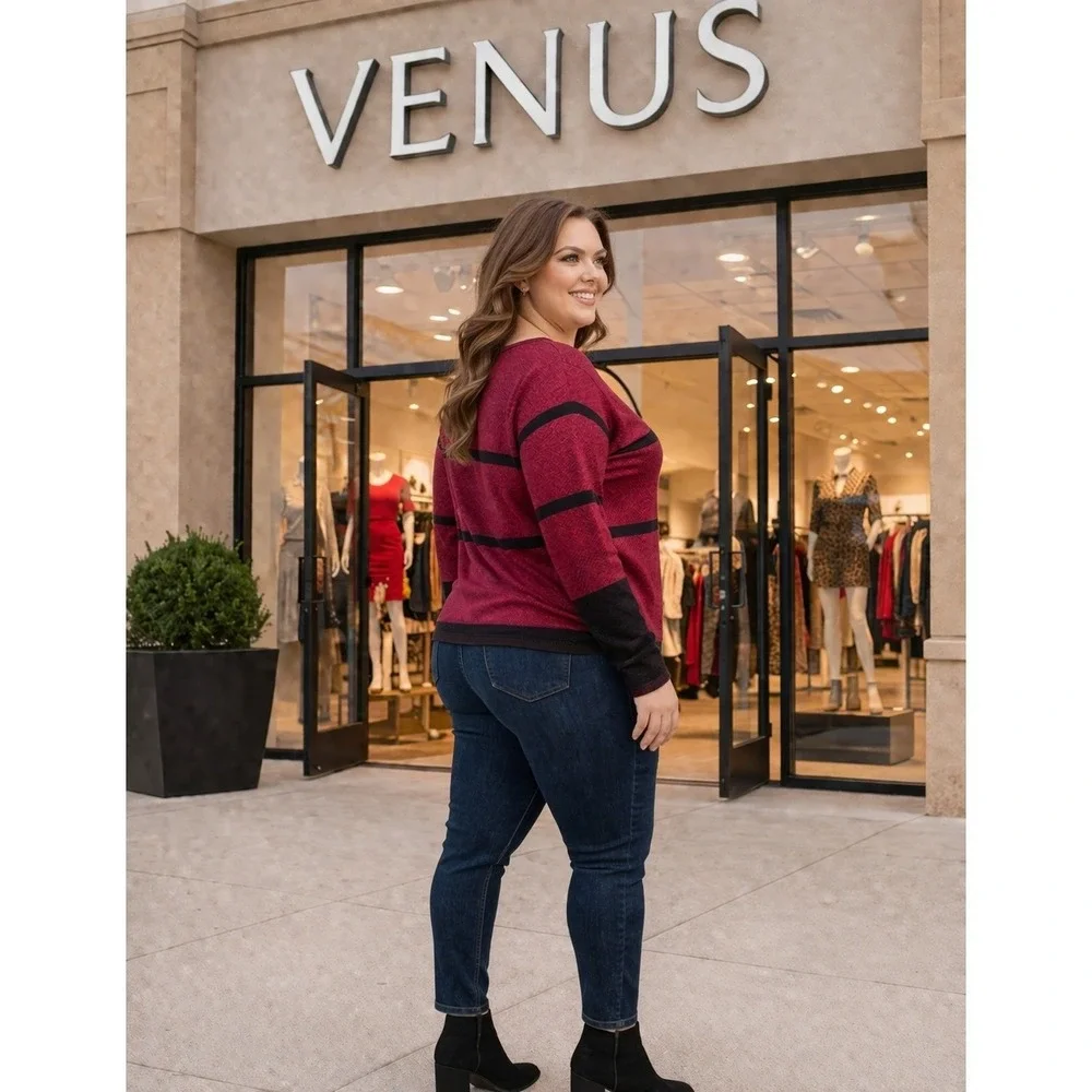 Venus Womens 2X Metallic Sparkle Striped Sweater Burgundy‎ Black Scoop Neck Knit